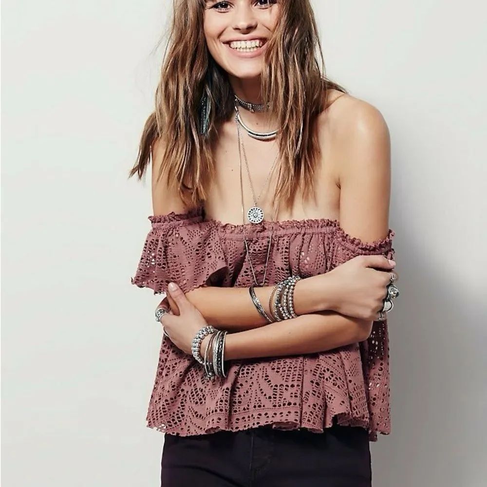 Free People BROWN Bohemian Eyelet Off-Shoulder Crop Top